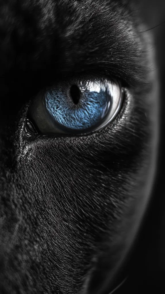 A close-up shot reveals a striking blue eye, intensely focused, belonging to a dark-furred creature. The black fur, rich in texture and detail, contrasts dramatically with the vibrant blue of the iris. The image evokes a sense of mystery and power, highlighting the captivating contrast between darkness and light. The sharp focus accentuates the eye's depth and the animal's intense gaze.