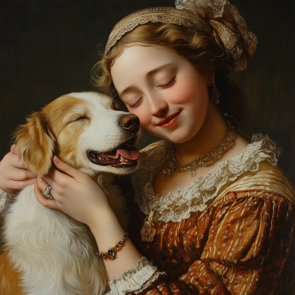 A young woman with her eyes closed rests her head gently against a dog, its eyes also closed in contentment.  She is elegantly dressed in a rust-colored gown with lace trim, adorned with jewelry. The warm lighting and soft brushstrokes create a tender and intimate portrayal of the bond between a girl and her canine companion. The scene evokes a sense of peace and affection.