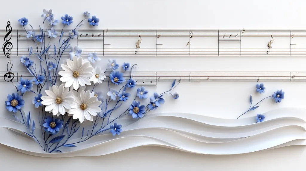 A beautiful image featuring a stylized arrangement of white and blue flowers positioned over a musical staff.  The flowers, seemingly crafted from paper, create a three-dimensional effect.  White, wave-like forms curve elegantly beneath the floral bouquet, adding a flowing, artistic element to the composition. The overall aesthetic is serene and sophisticated.