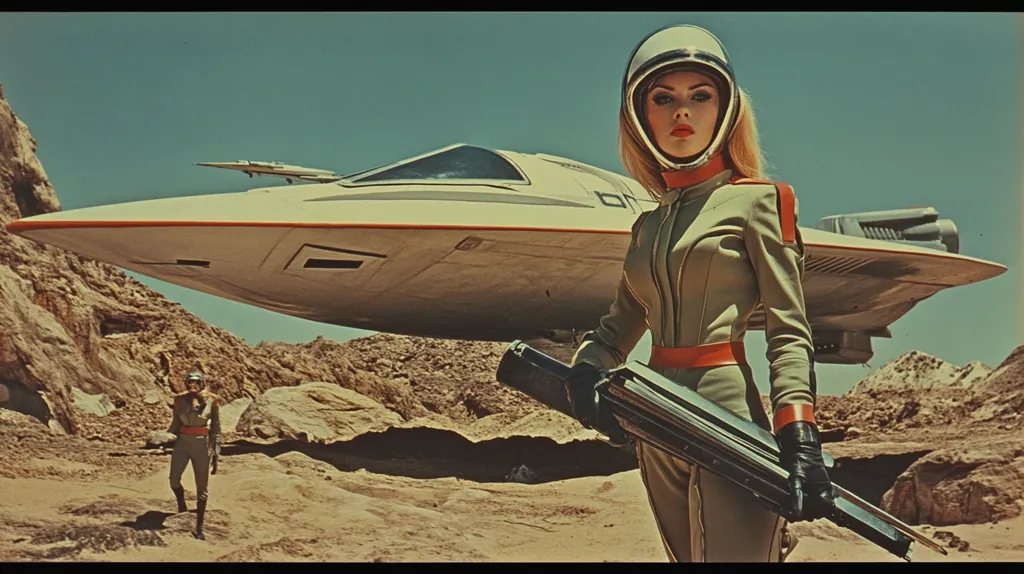 A female astronaut in a beige spacesuit and helmet stands in a desert landscape, holding a futuristic weapon.  A large, white spaceship is positioned behind her, partially obscuring a rocky mountain range. Another figure in a similar suit is visible in the background, adding to the science fiction setting of the scene. The overall aesthetic is retro-futuristic.