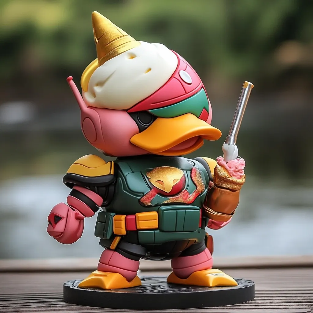 A collectible duck-themed mecha figure stands on a circular base.  The figure is predominantly pink and teal, with gold accents. It has a helmet with a pointed gold crest and holds a stylized weapon. The design blends cute cartoonish features with robotic elements, suggesting a playful yet powerful character. The background is blurred, focusing attention on the detailed miniature.