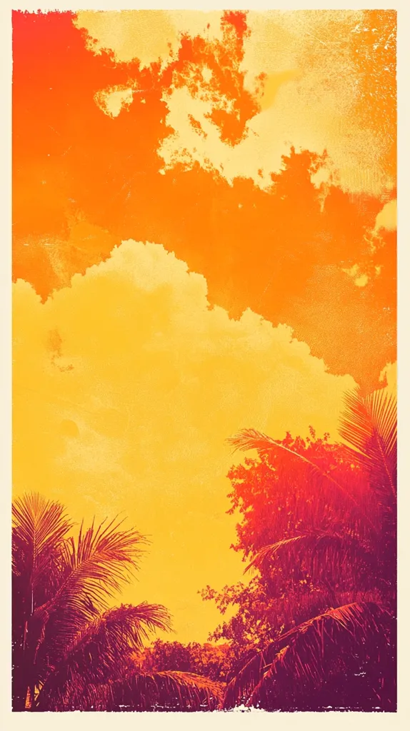 A stylized image depicts a vibrant sunset sky in warm oranges and yellows, overlaid with a textured effect.  Silhouetted palm trees and foliage in deep reds and purples fill the lower portion of the frame, creating a tropical feel. The overall aesthetic is reminiscent of vintage travel posters or retro artwork. The color palette is intensely saturated, adding to the image's dramatic impact.