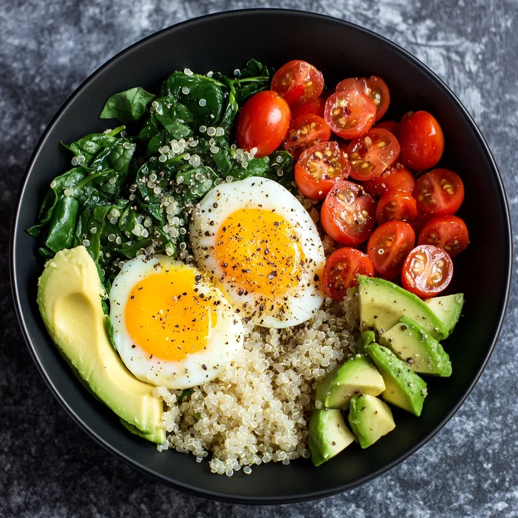 A vibrant and healthy breakfast bowl features poached eggs, quinoa, spinach, halved cherry tomatoes, and avocado slices.  The ingredients are artfully arranged in a dark bowl, sprinkled with black pepper, creating a visually appealing and nutritious meal. The contrasting colors and textures make it a tempting and balanced breakfast option.