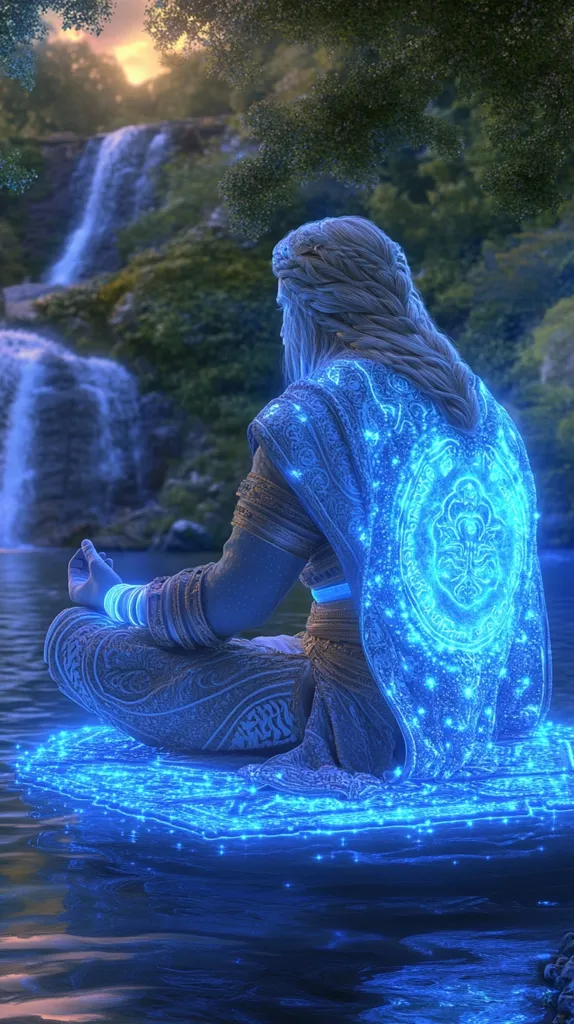 A serene figure, cloaked in luminous blue fabric adorned with intricate patterns, sits in a meditative pose on a small island.  A waterfall cascades in the background, creating a tranquil scene. The figure's long braided hair and ornate clothing suggest a mystical or spiritual being, their peaceful demeanor reflecting the calm of their surroundings.  The overall image is imbued with a sense of magic and tranquility.