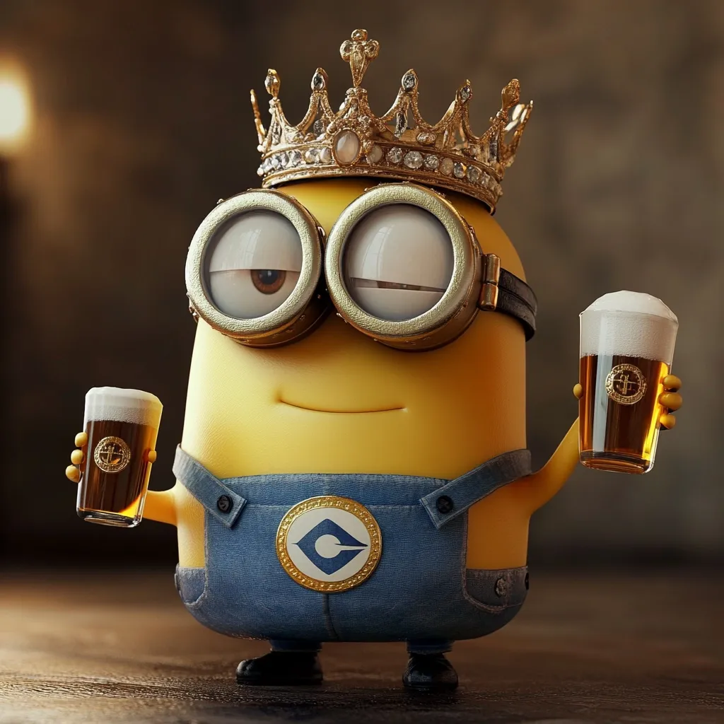 A regal Minion, crowned in a golden diadem, enjoys two glasses of frothy beer.  He's dressed in his signature denim overalls, adorned with a gold circular emblem.  The Minion's expression is one of contented satisfaction, a king celebrating his ale. The scene is set against a dark, rustic backdrop, enhancing the image's rich textures and playful contrast.