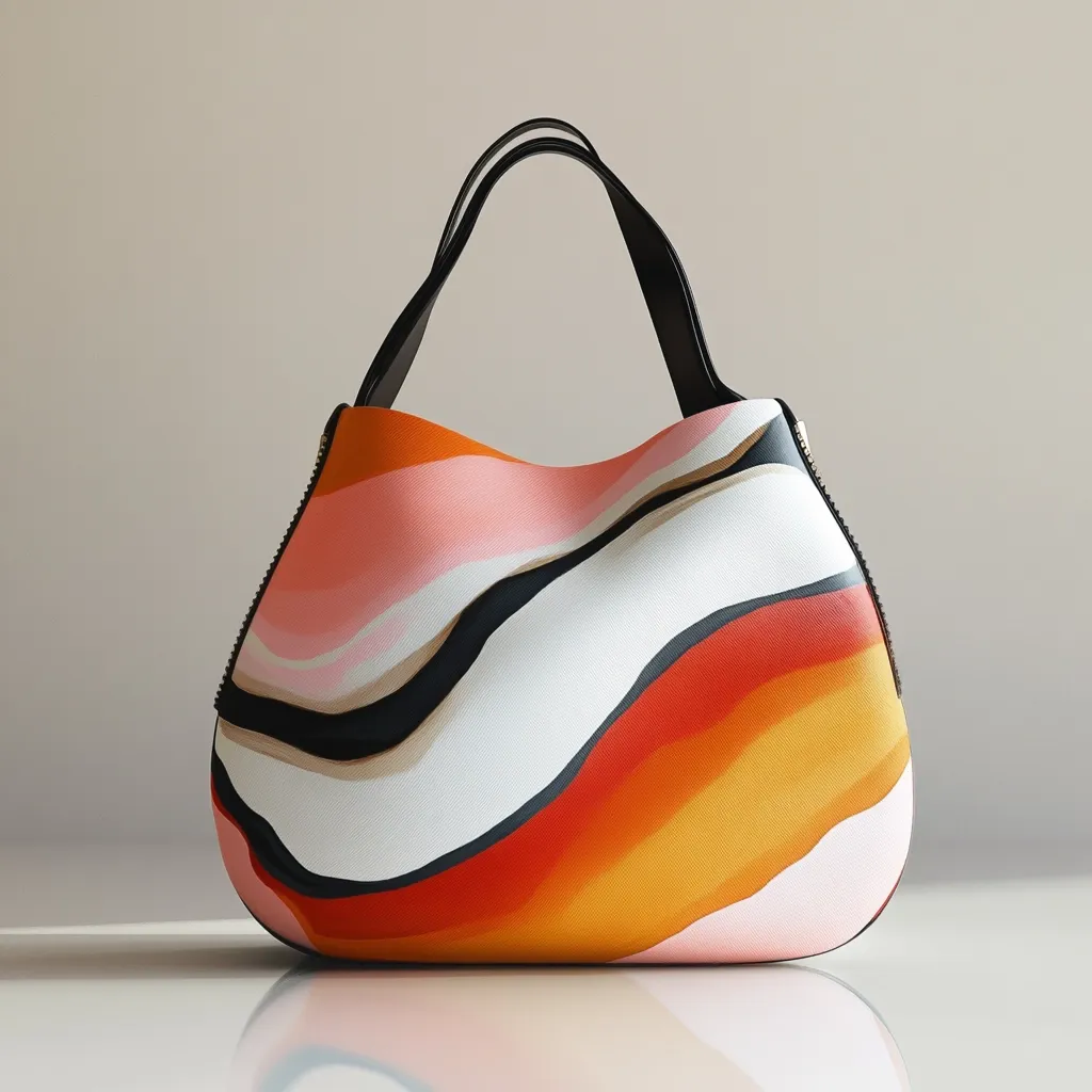 A stylish handbag with a vibrant, abstract design.  The bag features flowing, wavy patterns in shades of pink, orange, red, and white, accented with black lines.  The black leather handles and zipper add a sophisticated contrast to the colorful body.  The overall design is modern and eye-catching.