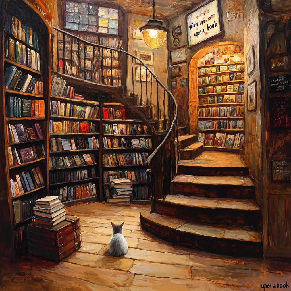 A charming painting depicts a cozy bookstore filled with bookshelves winding around a wooden staircase.  Warm lighting illuminates the stacks of books, creating a comforting ambiance. A small, grey cat sits on the floor, observing the scene. The sign above the entrance reads "With upon a book," adding to the literary theme.  The overall style is reminiscent of an old-world European bookshop, evoking a sense of quiet contemplation and the love of reading.