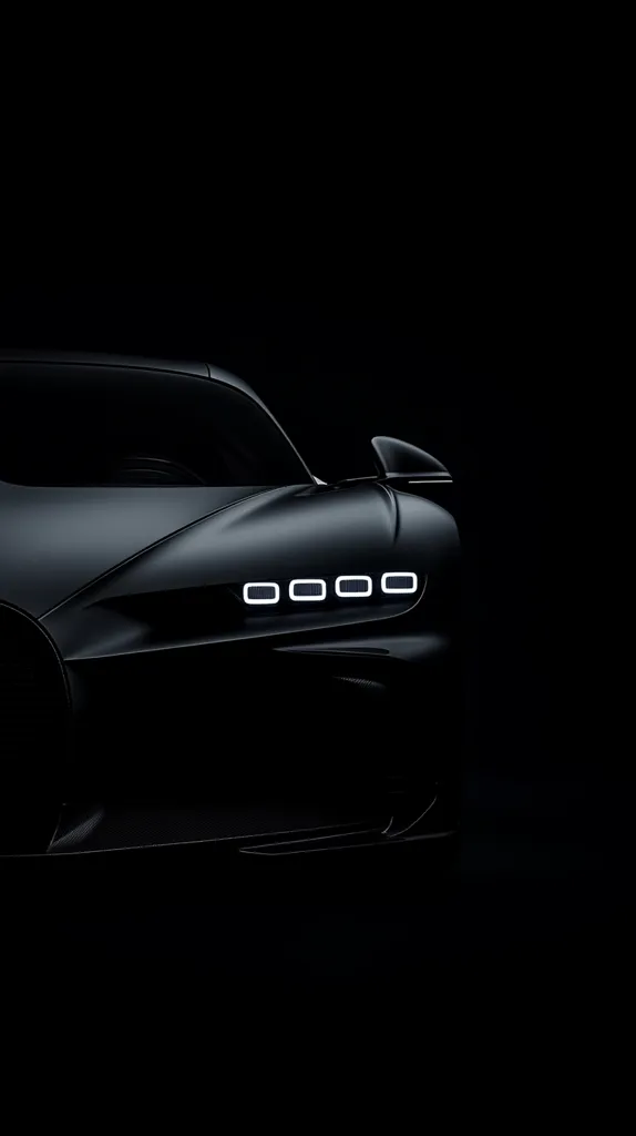 A close-up shot of a dark-colored luxury car, possibly a Bugatti, is shown against a black background. Only the front headlights and a portion of the car's body are illuminated, creating a dramatic silhouette. The image emphasizes the car's sleek design and powerful presence.  The focus is on the distinctive headlight design, with its multiple rectangular lights.