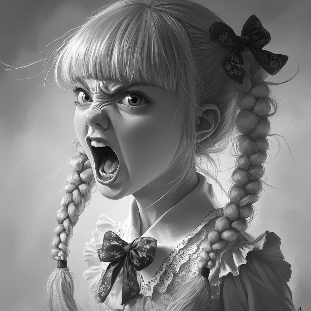 A grayscale illustration depicts a young girl with pigtails and bows in her hair, screaming with a ferocious expression. Her face is contorted in anger, eyes wide, and mouth open in a loud yell. The detailed rendering captures the texture of her hair and the intensity of her emotion, creating a dramatic and slightly unsettling portrait.  The style suggests a blend of realism and caricature.