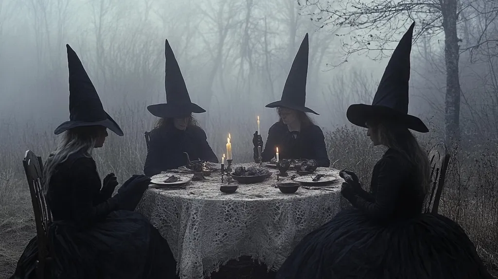 Four witches, cloaked in black and wearing tall pointed hats, are seated around a table in a misty forest.  Candles illuminate the scene, casting a dim light on their faces. The table is laden with a mysterious meal. The overall atmosphere is dark, mystical, and evocative of Halloween.