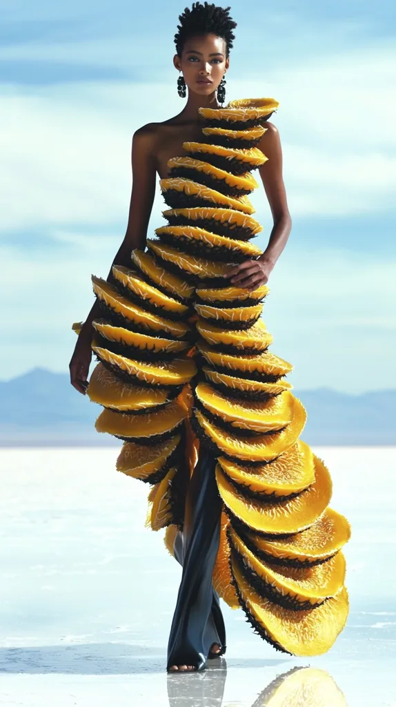 A fashion model with dark skin and short hair poses against a bright sky and a white, flat landscape. She wears a striking, avant-garde gown constructed entirely from numerous overlapping, bright yellow, circular slices of what appears to be a fruit or vegetable, creating a textured, cascading effect. The gown's unique design draws attention to its organic and unconventional materials.  The overall image is striking and memorable.