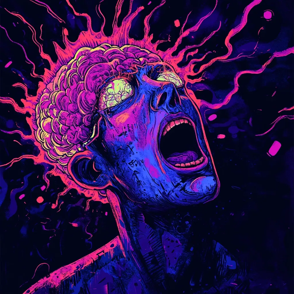A vibrant, stylized artwork depicts a screaming figure with a visible brain, engulfed in a fiery, neon pink and blue energy.  The eyes glow intensely, and the overall style is expressive and surreal, suggesting intense emotion or mental turmoil.  Dark splatter details add to the chaotic and energetic feel of the piece. The color palette is predominantly dark blue and purple, accented by bright pink and yellow.