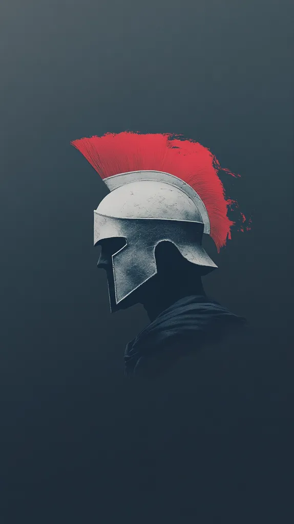 A stylized profile of a Spartan warrior is depicted against a dark gray background.  The warrior is shown from the neck up, wearing a silver helmet with a vibrant red plume. The helmet's detail is sharp, contrasting with the shadowed figure, suggesting strength and mystery.  The overall aesthetic is minimalist and evocative of classical antiquity.