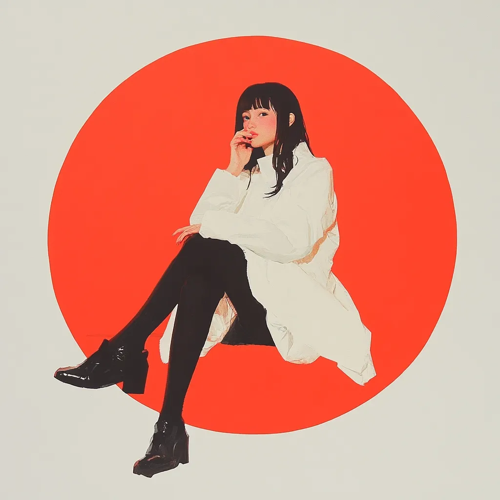 A stylized illustration depicts a young woman with dark hair, seated on a vibrant red circle. She wears a long, white coat and black tights, complemented by black shoes.  Her pose is contemplative, hand resting near her face. The minimalist background emphasizes the figure, creating a striking visual contrast between the woman's attire and the bold red circle. The overall style is contemporary and subtly suggestive.