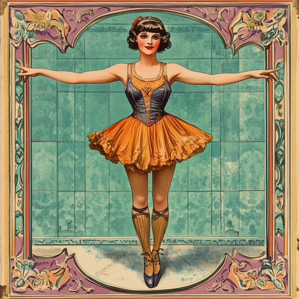 A vintage illustration depicts a young woman in a short, orange tutu and a dark blue bodice.  Her arms are outstretched, positioned against a teal tiled backdrop framed by ornate, purple and gold detailing.  She wears dark shoes and knee-high stockings, her dark bobbed hair styled neatly.  The overall style suggests a theatrical or performance setting, possibly from the early 20th century.