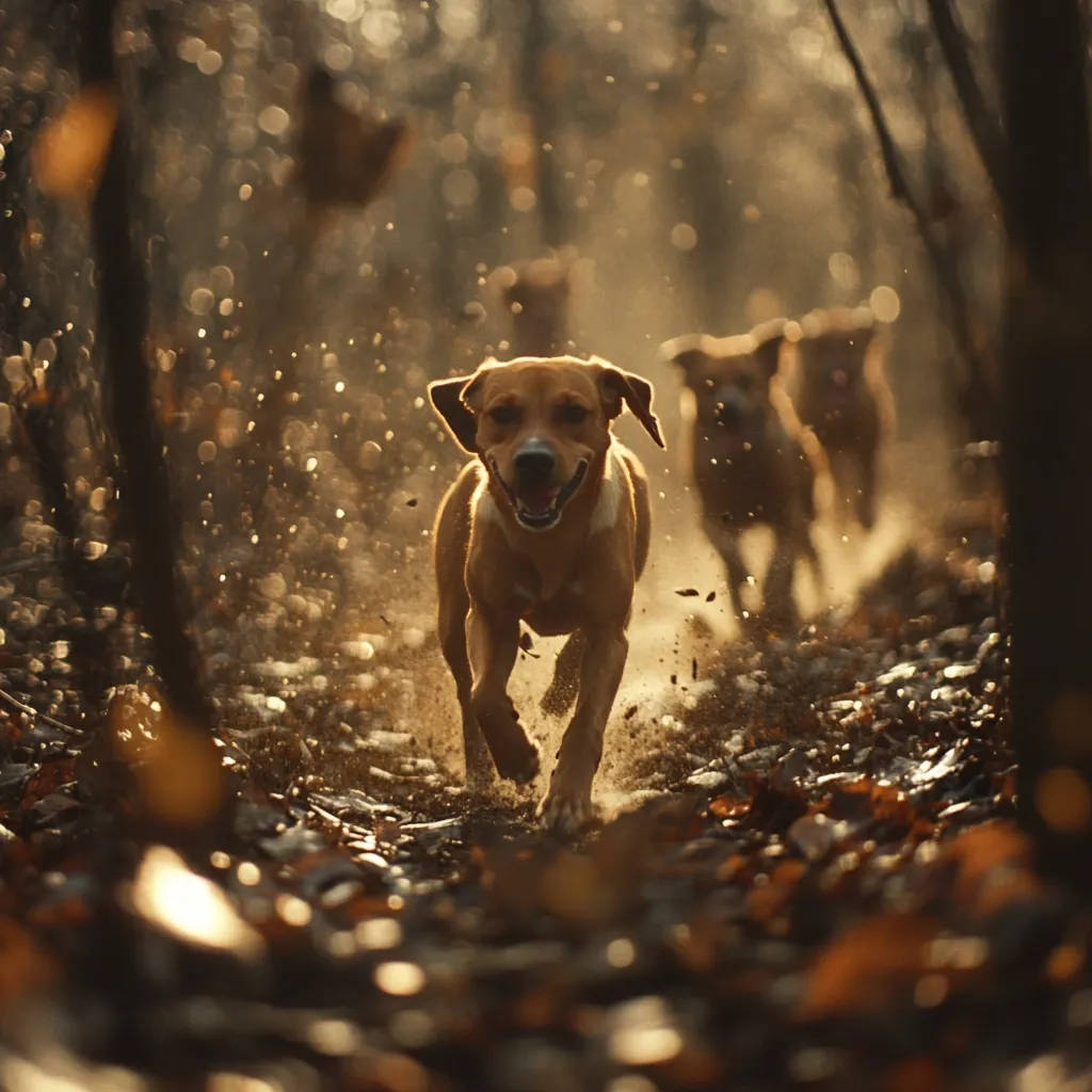 A pack of brown dogs runs through a sun-dappled forest, kicking up leaves and dirt.  The focus is on a single dog in the foreground, its tongue slightly out, appearing joyful and energetic.  The autumnal setting adds a warm, golden hue to the image, creating a dynamic and lively scene.  The blurred background emphasizes the dogs' speed and the depth of the woodland.