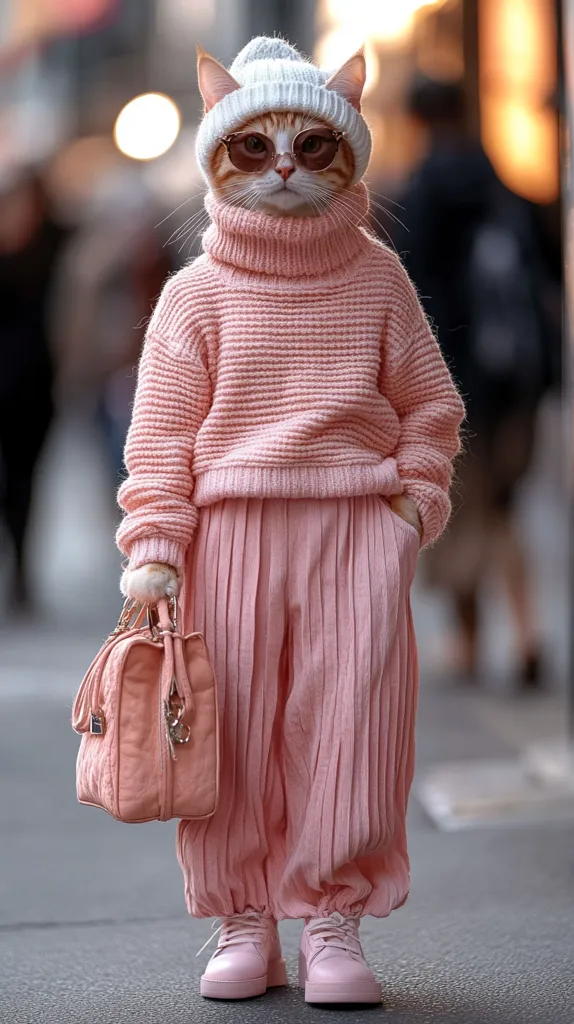 A stylish ginger cat is dressed in a pink outfit.  It wears a white beanie, pink turtleneck sweater, pleated pants, and pink sneakers.  The cat also carries a pale pink handbag, adding to its fashionable look.  The blurry background suggests a city street setting.