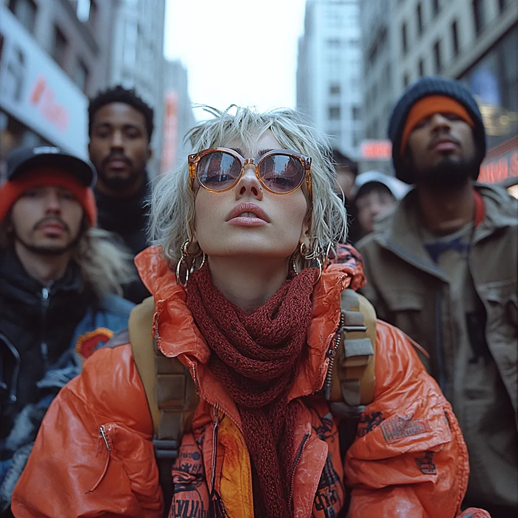 A young woman with short blonde hair and large, round sunglasses stands out in a crowd. She wears a vibrant orange puffer jacket and a chunky maroon scarf.  Surrounding her are several people, slightly blurred, suggesting a city street scene.  The overall mood is urban and edgy.