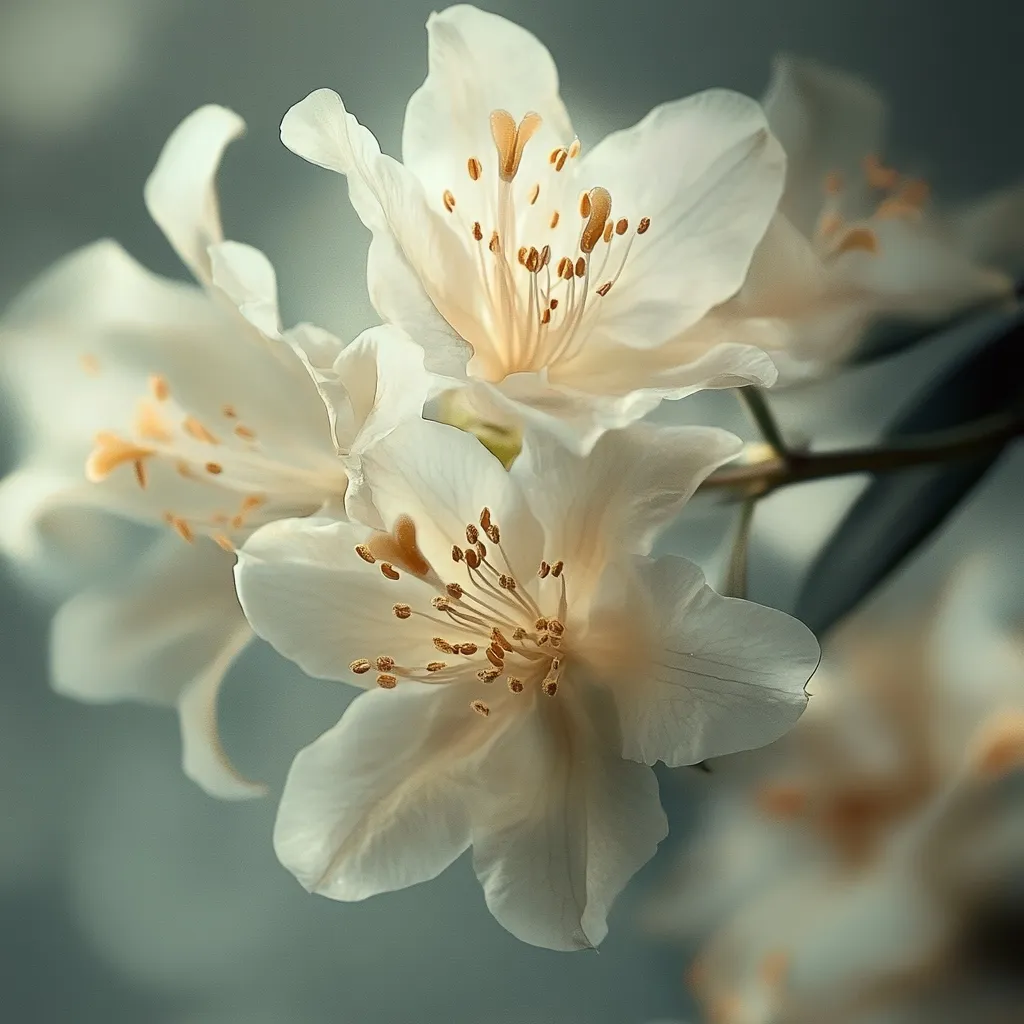 Close-up view of delicate, creamy-white rhododendron blossoms.  The flowers' intricate stamens are dusted with golden pollen, contrasting beautifully against the soft petals.  A shallow depth of field focuses attention on the central blooms, while others softly blur in the background, creating a serene and ethereal atmosphere. The subtle lighting enhances the flowers' texture and delicate beauty.