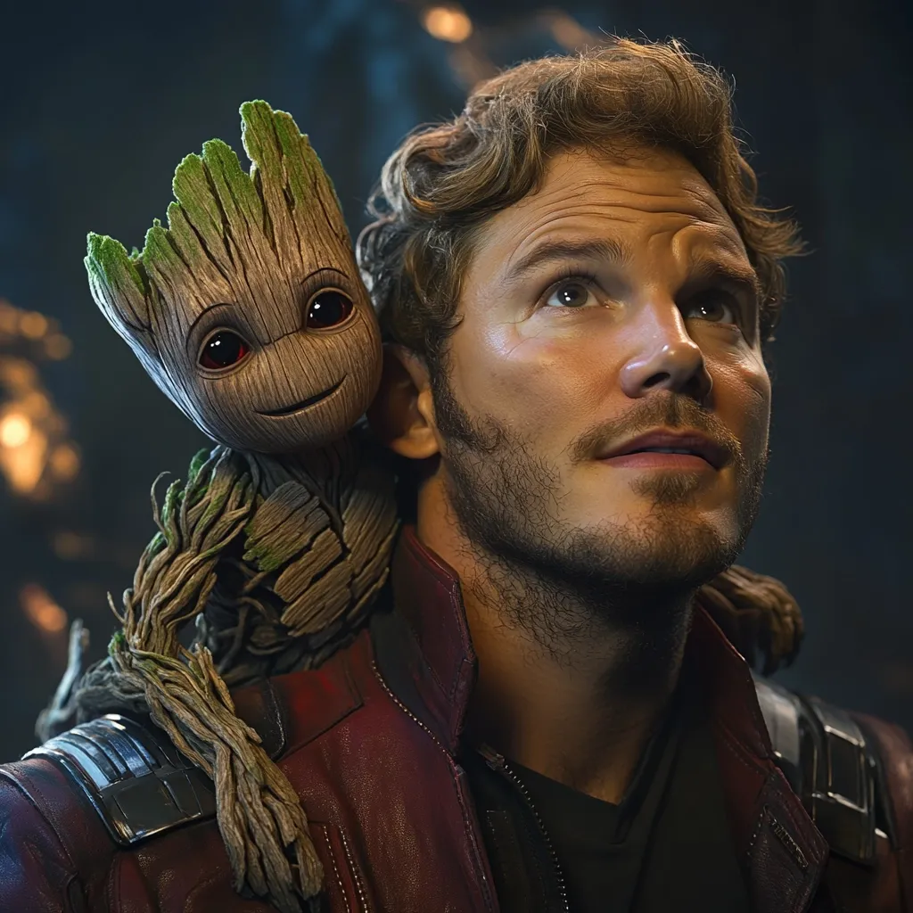 A promotional image for Guardians of the Galaxy features Chris Pratt as Star-Lord, with Baby Groot perched on his shoulder.  Pratt gazes upward with a thoughtful expression, while Groot looks directly at the viewer.  The dark background highlights the characters, emphasizing their bond.  The image evokes the adventurous spirit of the film.