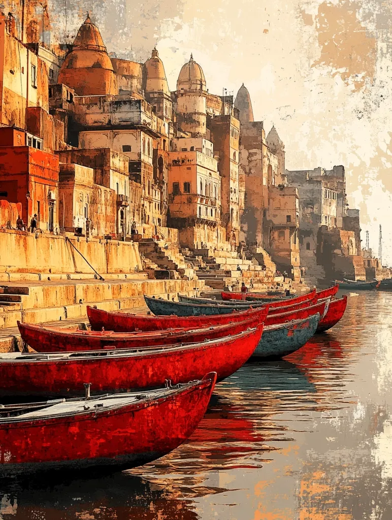 A vibrant painting depicts a serene riverside scene in India.  Russet-toned buildings, including temples with domed roofs, line the ghats.  Several bright red boats are moored along the water's edge, their reflections shimmering on the calm surface. The style is painterly, with visible brushstrokes and a textured background suggesting an aged or antique effect. The overall mood is peaceful and evocative of traditional Indian architecture and life.