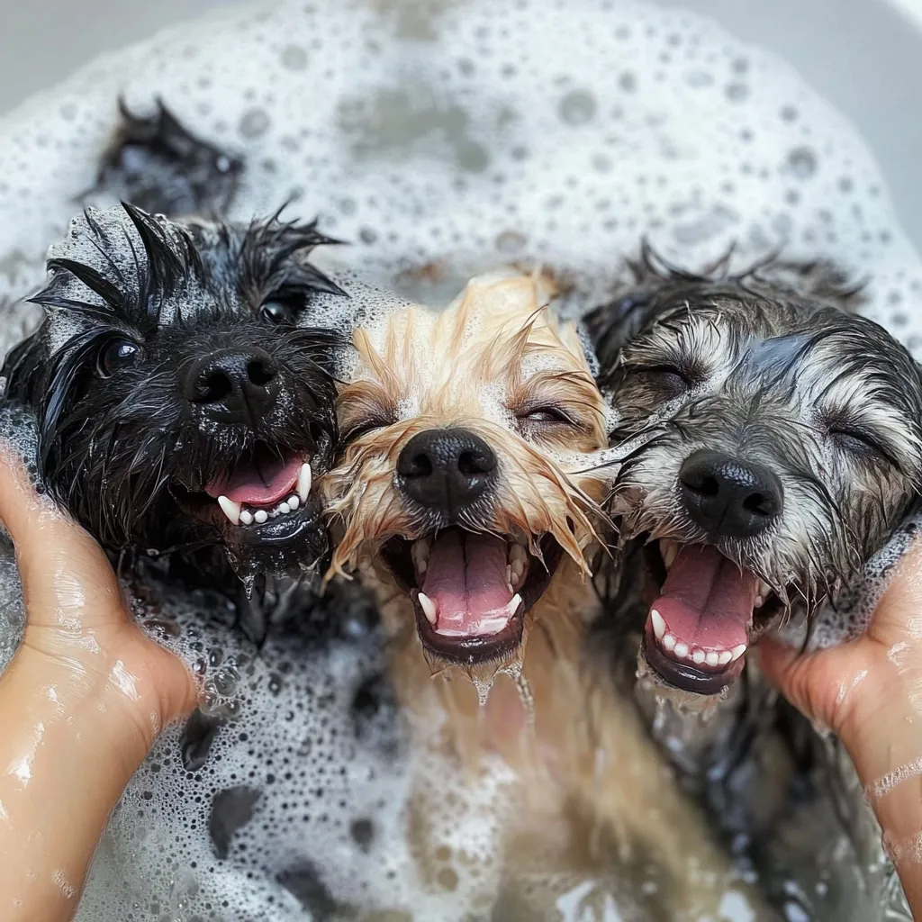 Three small dogs, a black, a tan, and a gray, are nestled together in a bubbly bath.  Their faces are covered in soapy suds, and they appear happy and relaxed.  Hands gently hold them in place, suggesting a loving bath time experience.  The dogs have open mouths, revealing their teeth in contented expressions.