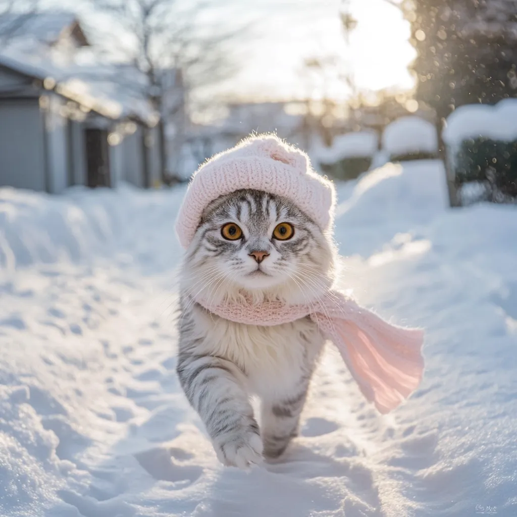 A grey and white cat, wearing a pink knitted hat and scarf, walks towards the camera through snowy landscape.  The sun shines brightly in the background, illuminating the snow-covered houses and trees. The cat's amber eyes are striking against its fluffy fur.  It looks directly at the viewer, creating a charming and heartwarming winter scene.