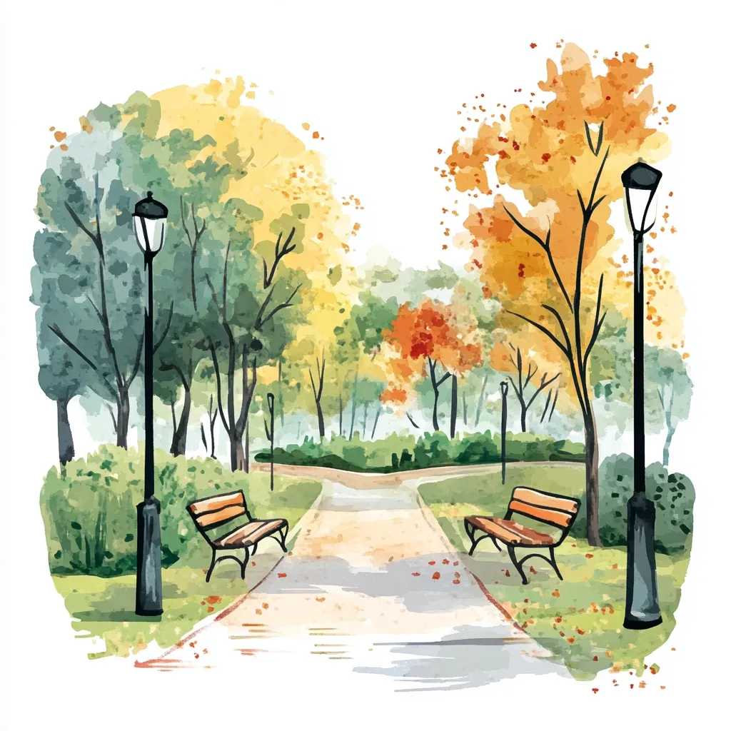 A watercolor painting depicts a serene autumn park scene.  Two wooden benches sit invitingly on a paved pathway, flanked by lampposts.  Trees in vibrant yellows, oranges, and greens frame the path, their leaves scattered on the ground. The overall atmosphere is peaceful and idyllic, suggesting a quiet autumn afternoon.