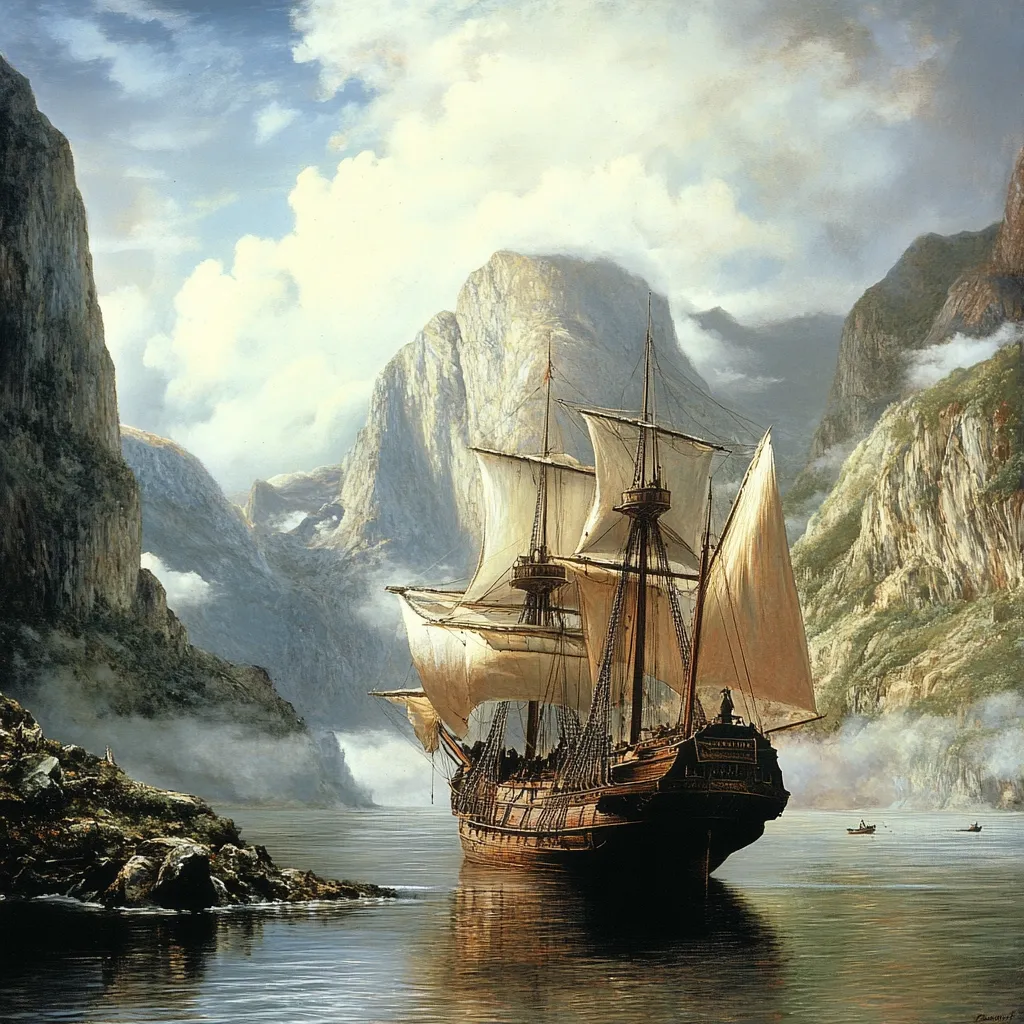 A majestic galleon sails through a tranquil fjord, its sails billowing gently in the breeze. Towering cliffs, shrouded in mist, rise majestically on either side, creating a dramatic and serene landscape. The calm water reflects the ship and the sky, enhancing the peaceful atmosphere.  Two small boats are visible in the distance, adding to the sense of scale and isolation. The painting captures a moment of peaceful journey in a breathtaking natural setting.