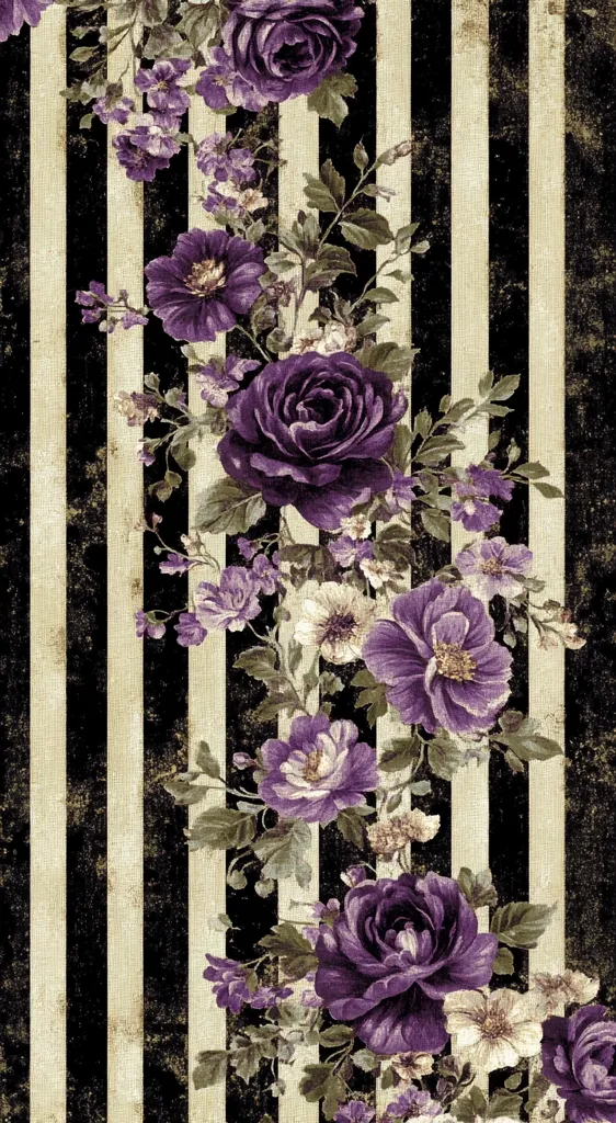 A vertical floral design features deep purple roses and smaller blooms arranged against a backdrop of black and beige vertical stripes. The style is reminiscent of vintage wallpaper or fabric, with a slightly distressed or aged texture to the background.  The overall color palette is dark and romantic, with the purple flowers standing out against the contrasting stripes.