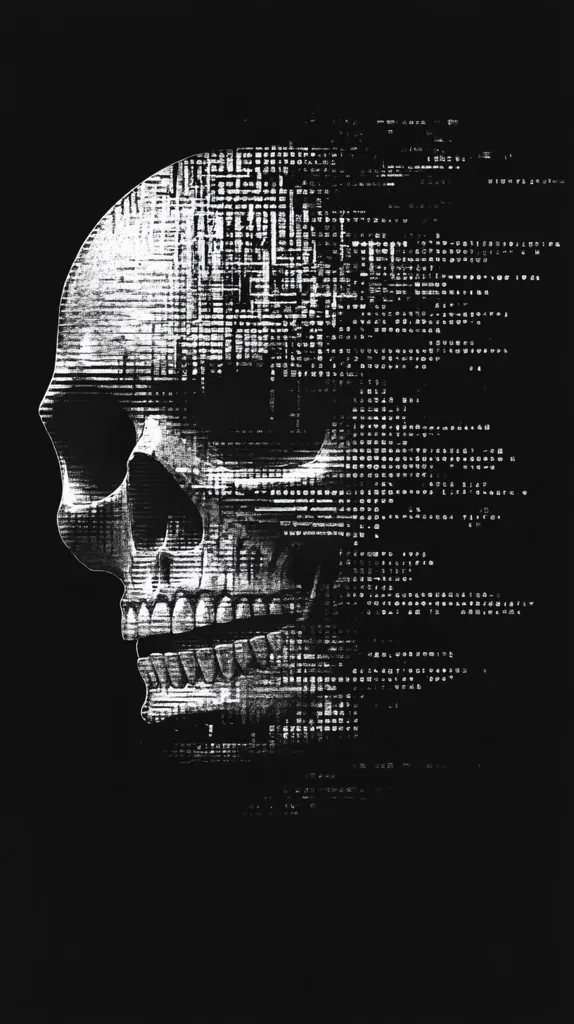 A skull is depicted in profile view, its form composed of lines of code. The skull's features are subtly discernible within the digital texture.  The code streams from the skull, suggesting data loss or a digital afterlife. The overall effect is dark, mysterious, and evocative of cyber threats or digital mortality.  The monochromatic palette accentuates the contrast between the skull and the flowing code.