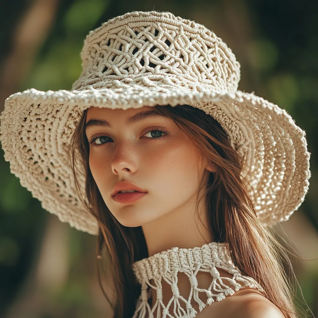 A young woman with long brown hair wears a large, intricately woven cream-colored sun hat.  The hat's design is detailed and has a wide brim. She also wears a matching crocheted choker necklace. Her expression is serious and her skin has a sun-kissed glow, suggesting an outdoor setting. The background is blurred, focusing attention on the model.