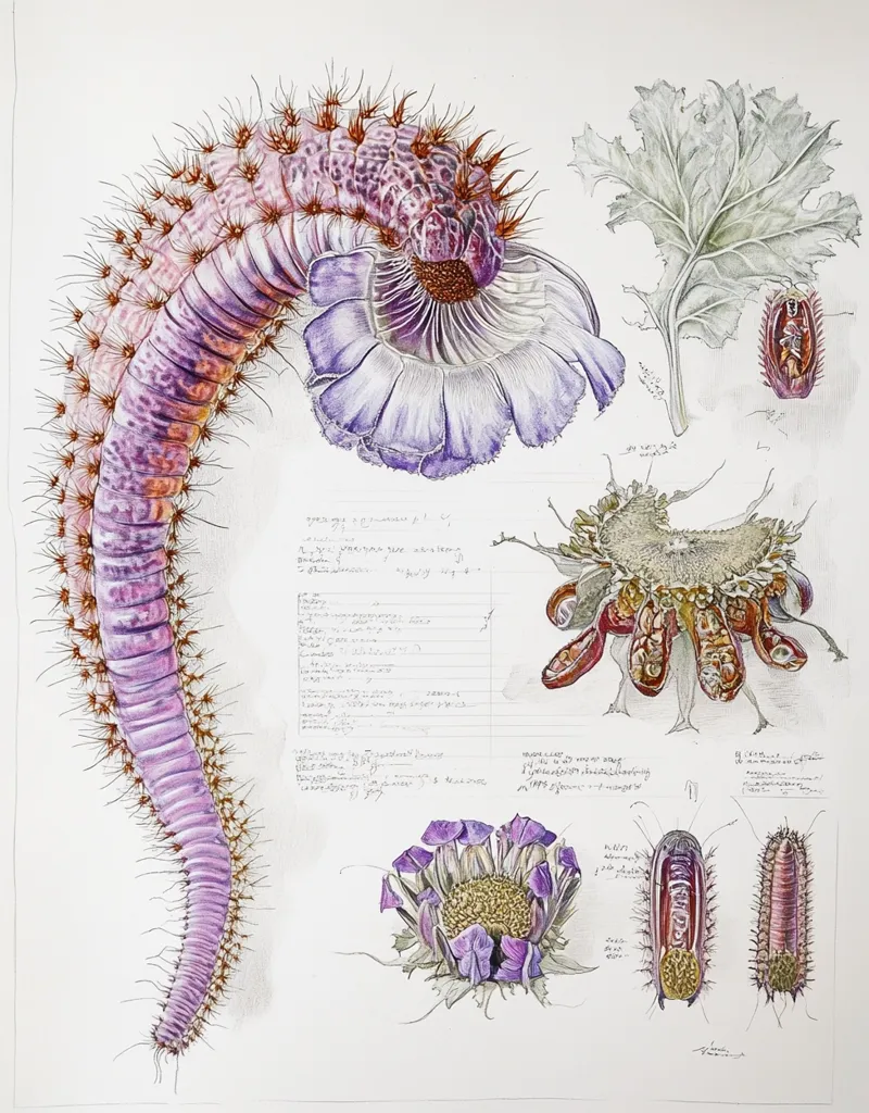 A detailed botanical illustration showcases a unique plant with a long, spiraling, purple stem covered in spines.  Accompanying it are smaller drawings of its flower in various stages, dissected seed pods, and a leaf.  Handwritten notes and annotations surround the drawings, suggesting a scientific study or detailed observation of the plant's anatomy. The style evokes a vintage botanical chart, blending accuracy with artistic flair.