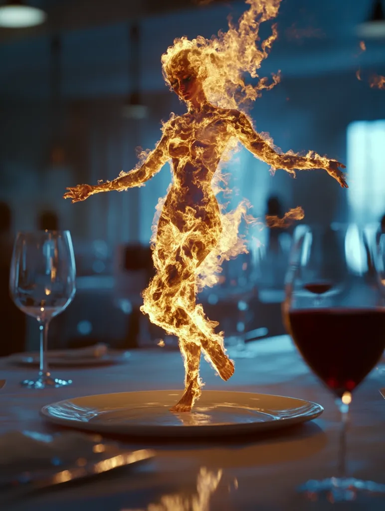 A fiery female figure, seemingly made of flames, delicately balances on a pristine white plate set on a table in a dimly lit restaurant.  The image is surreal and captivating, contrasting the warmth of the burning figure with the cool tones of the sophisticated dining setting.  A glass of red wine sits nearby, adding to the dramatic scene.