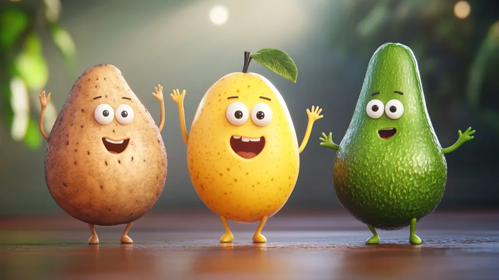 Three anthropomorphic fruits—a potato, pear, and avocado—stand on a wooden surface.  Each fruit has a cheerful, cartoonish face with large eyes and a wide smile.  They appear to be happy and are positioned close together, suggesting friendship or camaraderie.  The background is blurred, focusing attention on the vibrant fruit characters.