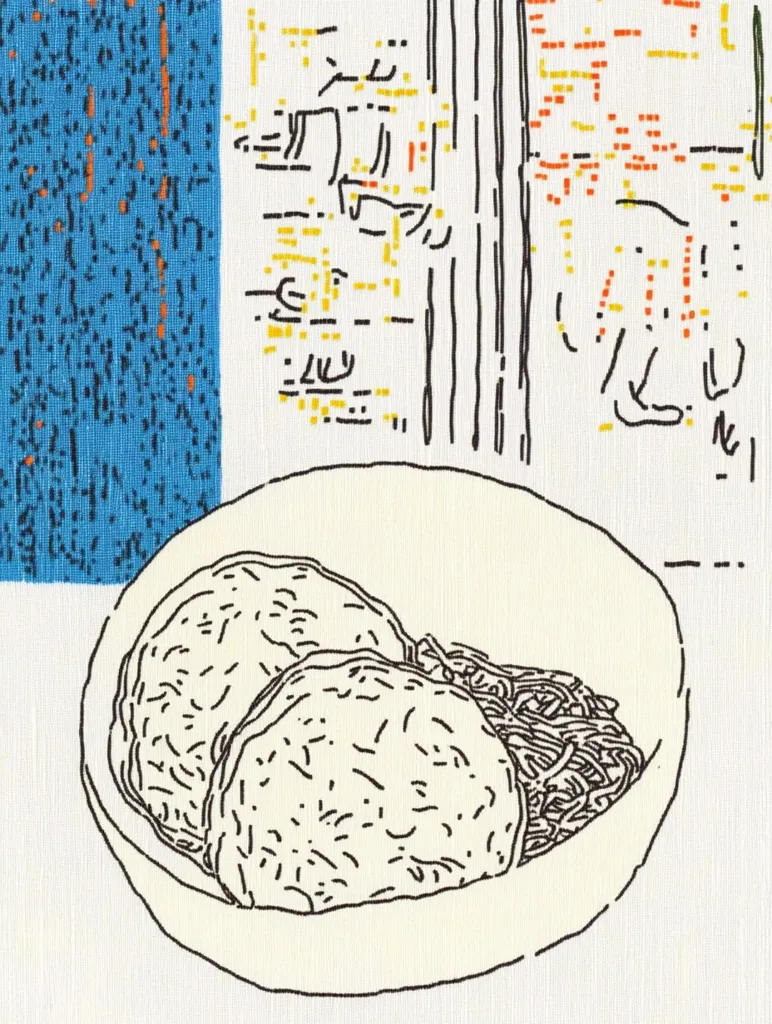 A simple line drawing depicts a bowl of food.  Two round patties, possibly fried or steamed, rest atop a bed of noodles. The style is minimalist, with black lines on a cream background. A section of textured blue and a partially visible text-like pattern appear in the background, adding a layer of abstraction to the composition.