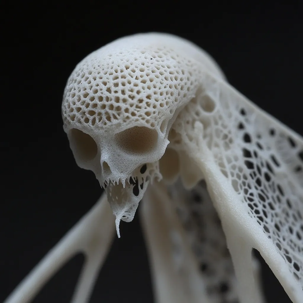 A close-up reveals a 3D-printed skeletal figure, resembling a skull with intricate, porous bone-like structures.  The off-white material creates a delicate yet unsettling effect.  The skull is prominent, with detailed features and a lattice-like texture extending throughout the figure's thin, wing-like appendages. The dark background accentuates the ethereal, almost ghostly quality of the piece.
