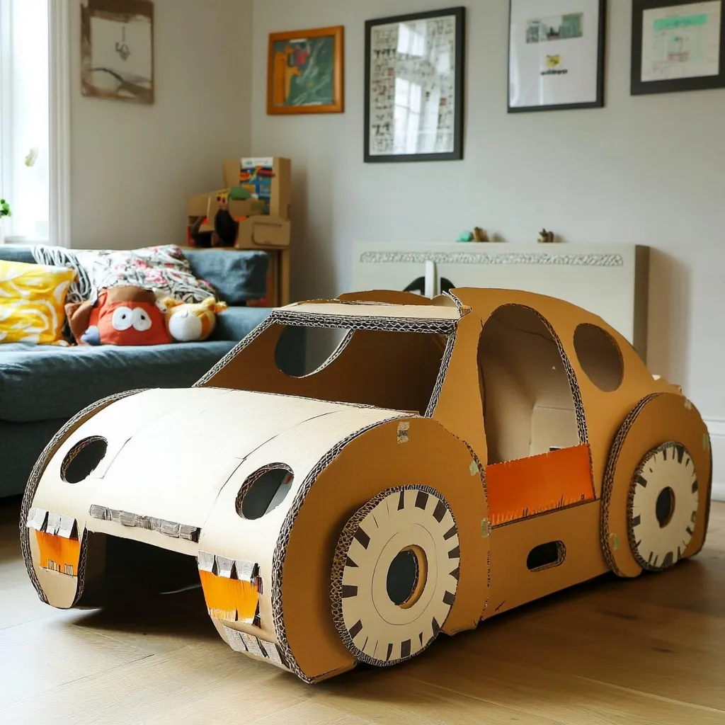 A large cardboard car, meticulously crafted, sits on a light wood floor.  The car, detailed with cut-out windows and tire designs, is a plaything in a light and airy living room.  The background features a sofa with colorful pillows and framed artwork, hinting at a child's playful space. The simple yet creative design of the cardboard car is the focal point of the image.