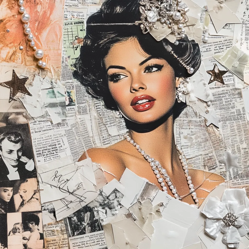 A mixed-media artwork features a glamorous vintage-style woman's portrait as its central focus.  The portrait is overlaid and surrounded by collaged elements including newspaper clippings, photographs, handwritten notes, pearls, and star shapes.  The overall effect is a layered, textured composition with a retro aesthetic, blending high fashion with ephemera.  The color palette is muted with pops of red from the woman's lipstick.
