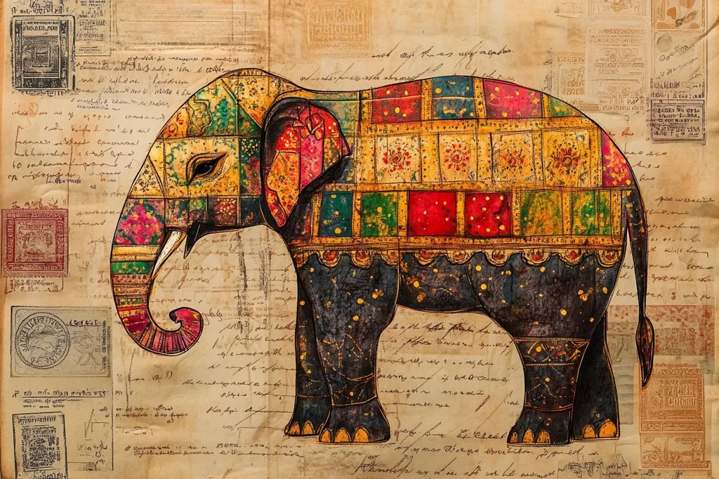 A vibrantly colored illustration of an elephant is depicted against a backdrop of aged paper adorned with handwritten text and postage stamps. The elephant's body is a patchwork of colorful, patterned squares, suggesting a textile or decorative design.  The style evokes a vintage, possibly Indian, aesthetic, blending artistic representation with archival elements. The overall effect is rich in texture and detail.