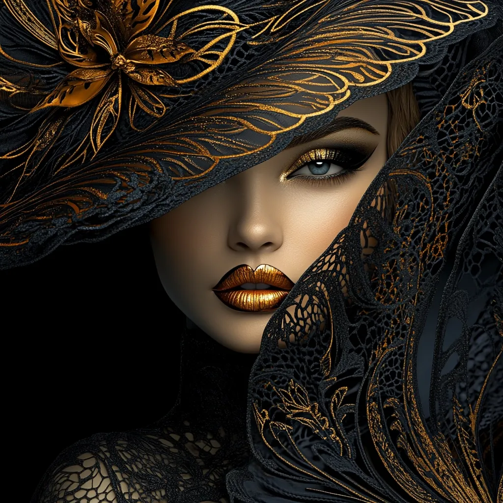 A glamorous woman's face is partially obscured by a large, ornate black hat and veil, both adorned with intricate gold detailing.  Her makeup is striking, featuring gold lipstick and eyeshadow, complementing the golden accents on her attire. The dark background enhances the richness of the gold and black color scheme, creating a luxurious and mysterious mood.  The image is highly stylized, appearing digitally rendered.