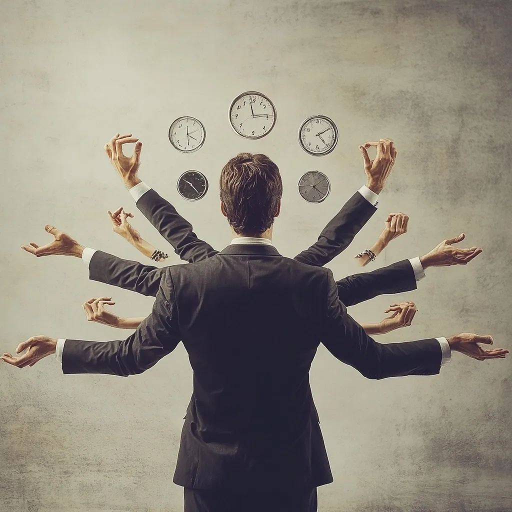 A businessman stands with multiple arms, each juggling a clock.  The image symbolizes the pressures of multitasking and time management in a demanding work environment.  The numerous clocks represent numerous deadlines and responsibilities, highlighting the challenge of balancing competing priorities.  The overall tone suggests stress and the complexities of modern work life.