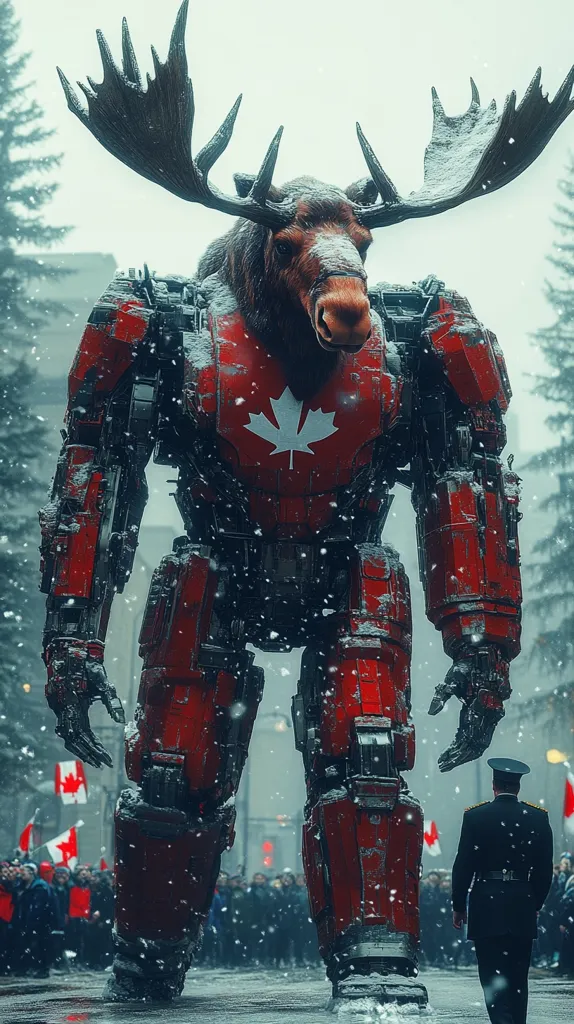 A colossal, red mech, its head a majestic moose adorned with snow, stands in a snowy city square.  The mech's chest displays a Canadian maple leaf.  Small Canadian flags are visible in the background, and a uniformed officer observes the imposing figure, dwarfed by its immense size.  The scene blends fantastical elements with a realistic setting, creating a striking visual.  Snow falls softly, adding to the wintery atmosphere.
