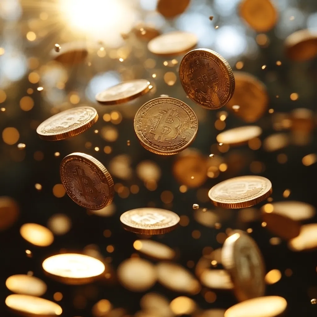 Numerous golden Bitcoin coins are falling through the air, illuminated by a bright light source.  The coins are sharply in focus against a blurred background of bokeh lights and dark foliage, creating a dynamic and visually striking image. The scene evokes a sense of abundance and the fast-paced world of cryptocurrency.