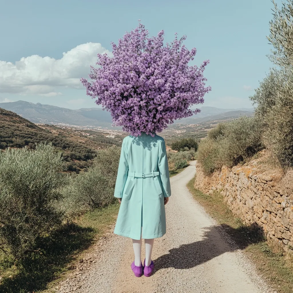 A person wearing a light blue coat stands on a dirt road, their head replaced by a large, vibrant purple flower cluster. The setting is a serene countryside landscape with rolling hills and olive trees under a bright, slightly cloudy sky.  The image is surreal and evokes a sense of peace and individuality.