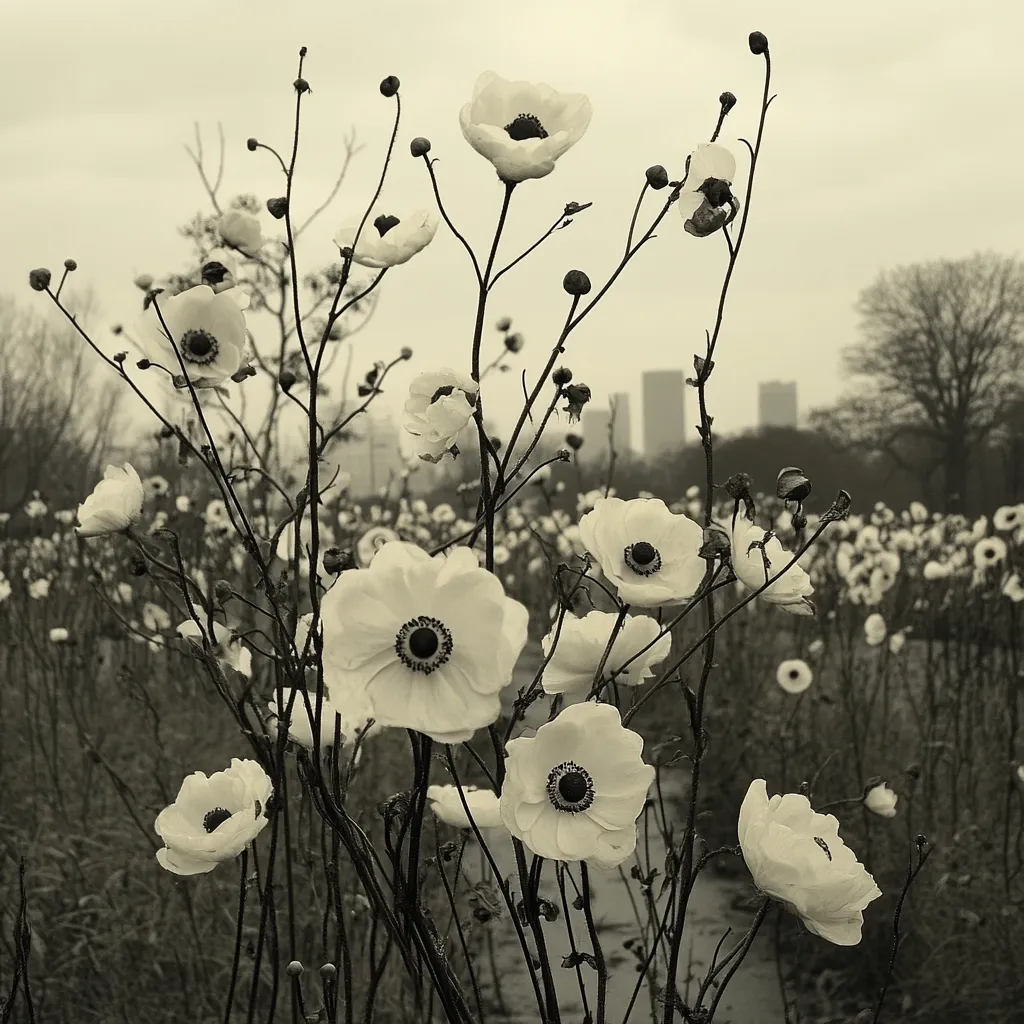 A sepia-toned photograph depicts a field of delicate white flowers, possibly anemone, in full bloom.  Tall, slender stems rise from the foreground, showcasing the flowers' intricate details against a blurred background.  In the distance, the faint outlines of buildings and trees suggest an urban park setting under a muted sky. The overall mood is serene and slightly melancholic.