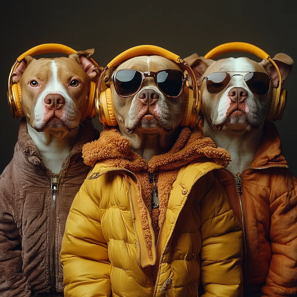 Three Pit Bull terriers, dressed in stylish jackets and wearing yellow headphones, pose for a photo.  The central dog also sports sunglasses.  The image is a humorous portrayal of fashionable dogs enjoying music.  Their expressions are serious, creating a contrast with their attire. The background is a muted dark brown.