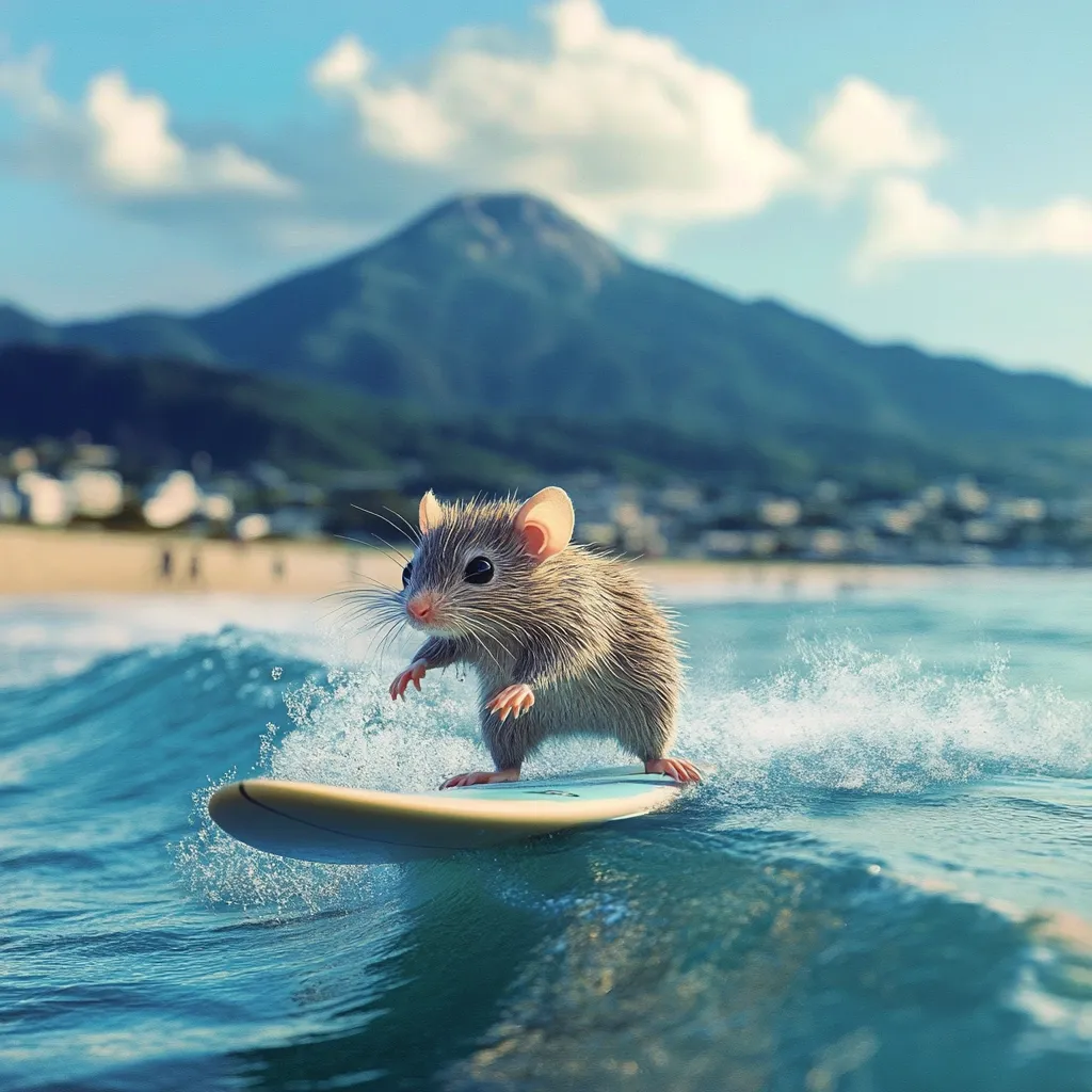 A tiny mouse fearlessly rides a small surfboard on a gentle ocean wave.  A picturesque beach and distant mountain provide a scenic backdrop. The mouse, with its fur ruffled by the ocean spray, appears to be enjoying its adventurous ride.  The image is digitally enhanced, creating a whimsical and charming scene.
