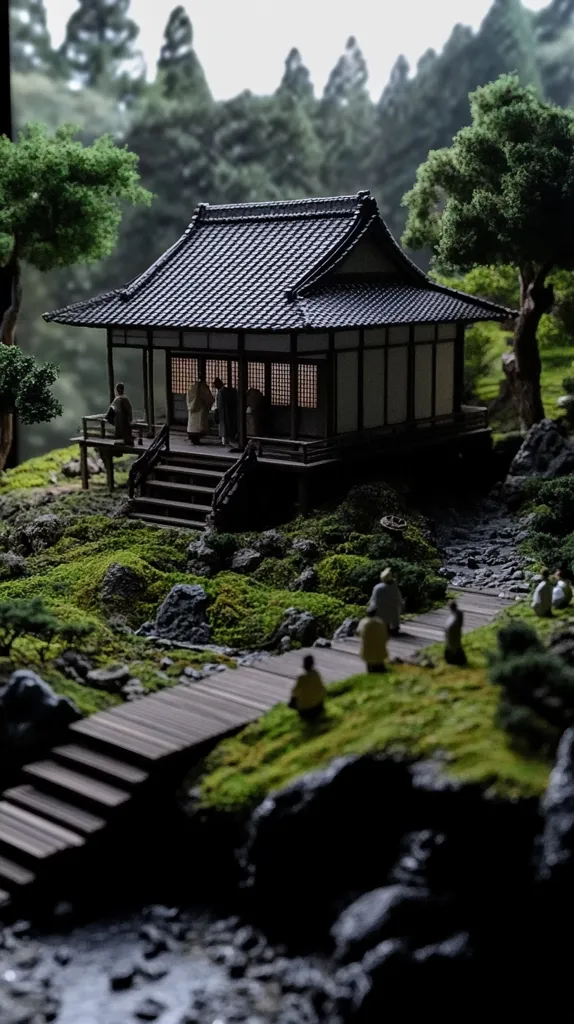 A meticulously crafted miniature Japanese garden showcases a traditional temple nestled amidst lush greenery.  Small figures are scattered around the temple and pathways, adding to the serene scene.  A wooden walkway leads down towards a small stream, completing the tranquil and detailed miniature landscape.  The backdrop features a softly blurred forest, enhancing the depth and realism.