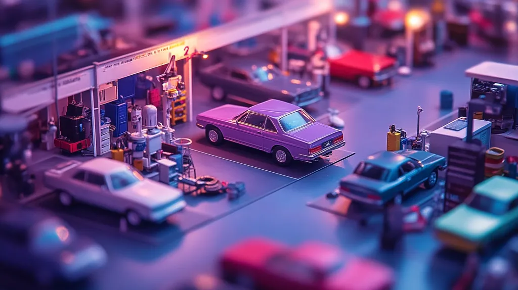 A detailed miniature diorama depicts a bustling automotive repair shop.  A vibrant purple classic car is prominently featured in the foreground, parked inside the garage.  Surrounding it are various smaller model cars, tools, and equipment, all meticulously arranged. The scene is lit with a soft, purple-hued light, enhancing the overall aesthetic appeal.  The miniature setting showcases a realistic representation of a car repair facility in a compact, artistic format.
